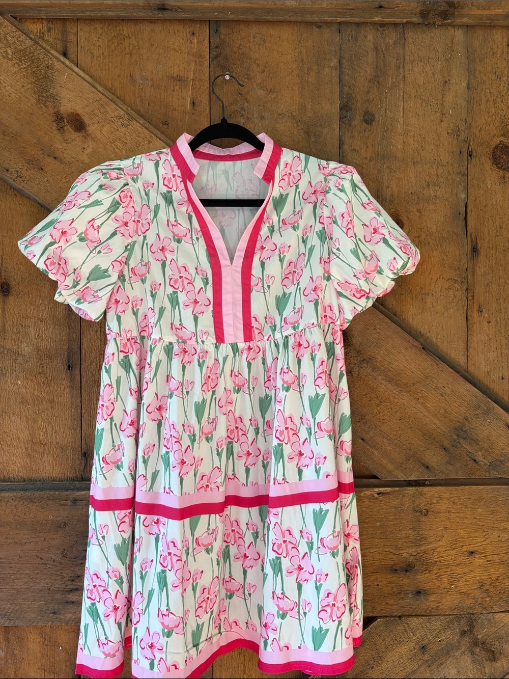 Pink Floral V-Neck Mini Dress with Pink Contrast Trim
